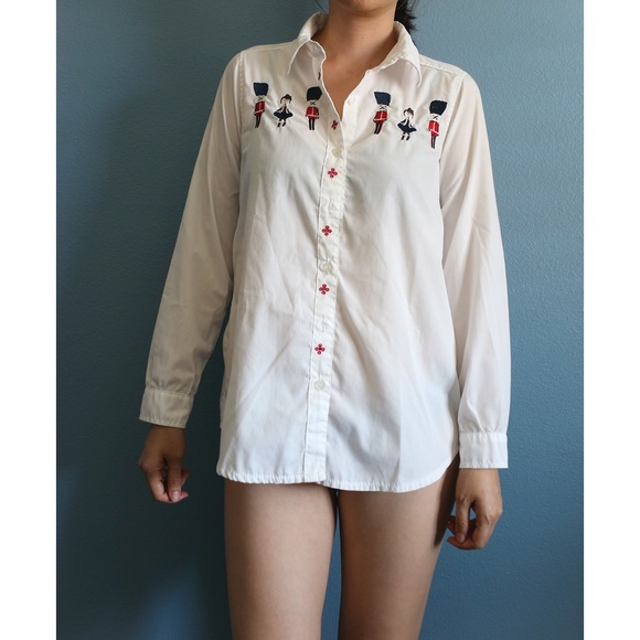 White Button-down Cotton Shirt, Cute Embroidered - Picture 2 of 4